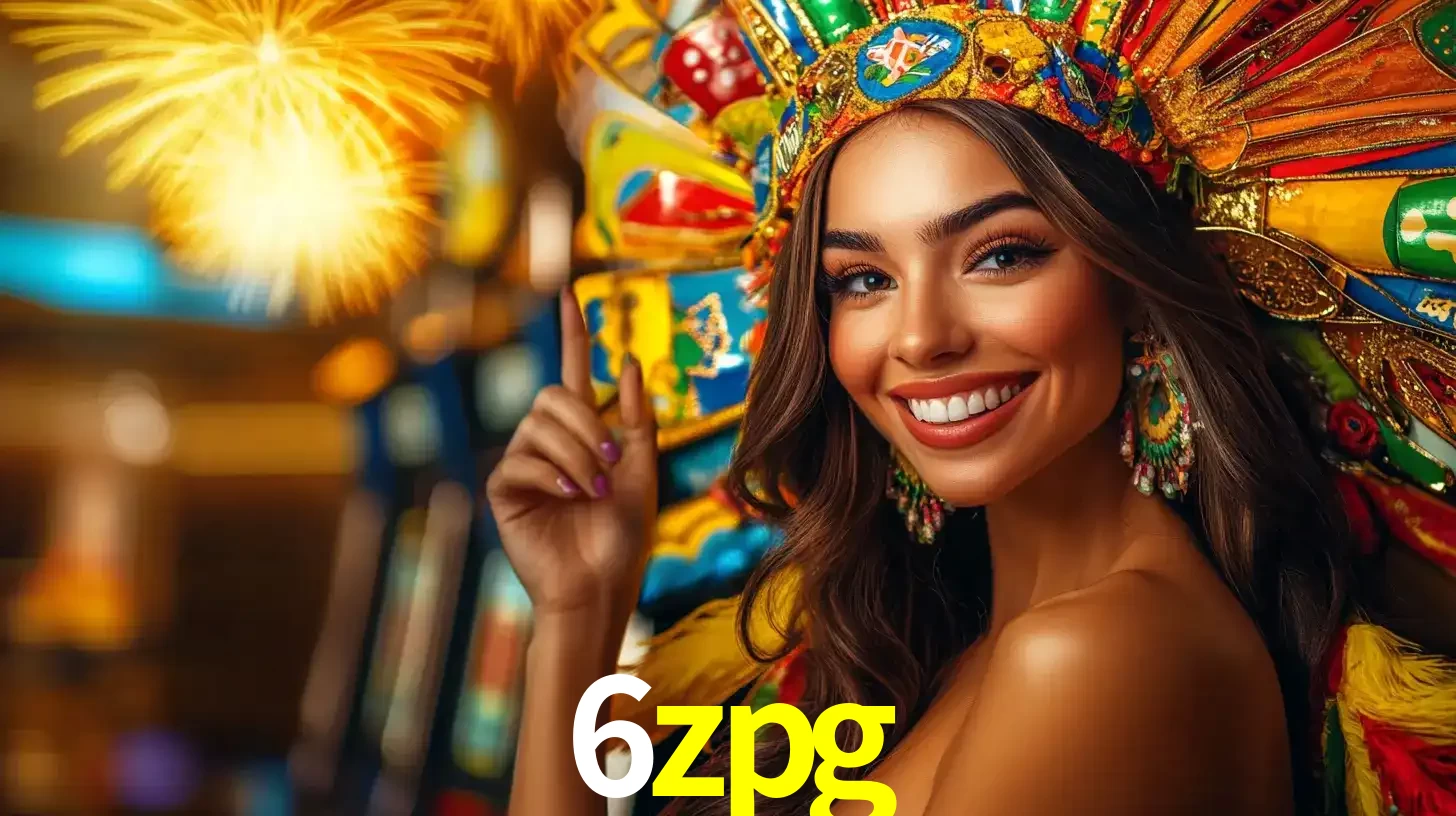 Mulher sorridente com um cocar de carnaval vibrante e colorido, celebrando uma grande vitória nos jogos do cassino 6zpg com fogos de artifício ao fundo.