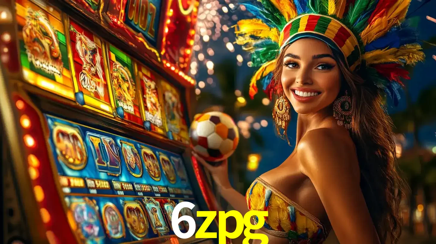 Mulher com um cocar de carnaval ao lado de uma máquina de caça-níqueis enquanto segura uma bola de futebol, mostrando a união da diversão de cassino e esportes no 6zpg.