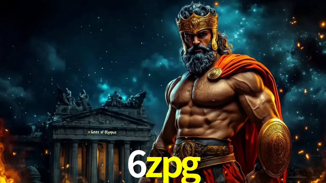 O poderoso Zeus do jogo de slot Gates of Olympus em frente ao seu templo, pronto para lançar multiplicadores divinos e prêmios épicos no cassino online 6zpg.