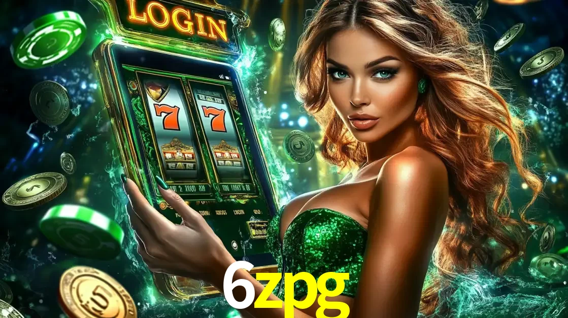 Mulher com tema verde apresentando o aplicativo do cassino 6zpg com um jogo de slot de 777, cercada por fichas de cassino e uma aura de sorte.