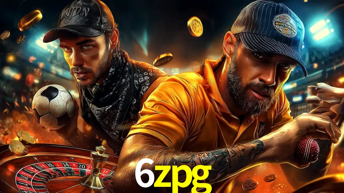 Montagem de apostas esportivas e cassino no 6zpg, com um homem segurando uma bola de futebol e outro uma de beisebol sobre uma roleta e moedas voadoras.